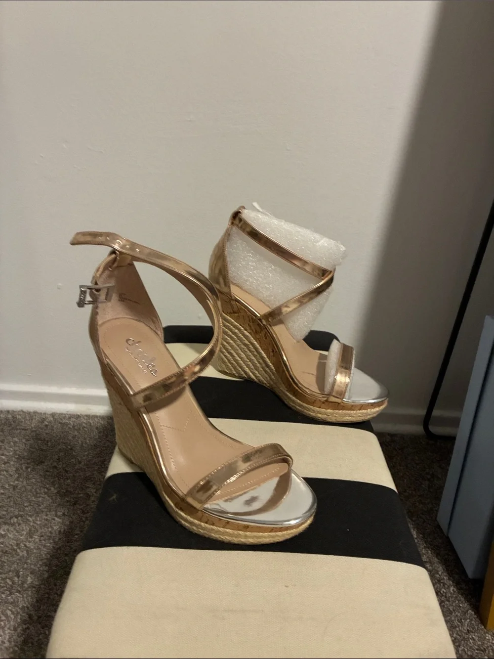 Charles by Charles David Metallic Rose Gold Espadrille Wedge Sandals